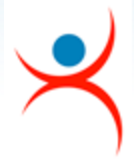 Stick logo with red arms curving up and legs curving down, round blue head.